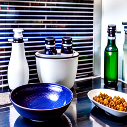 014_An eye level counter-view shows blue tile, a faucet, dish scrubbers, bowls, a squirt bottle and similar kitchen items..png